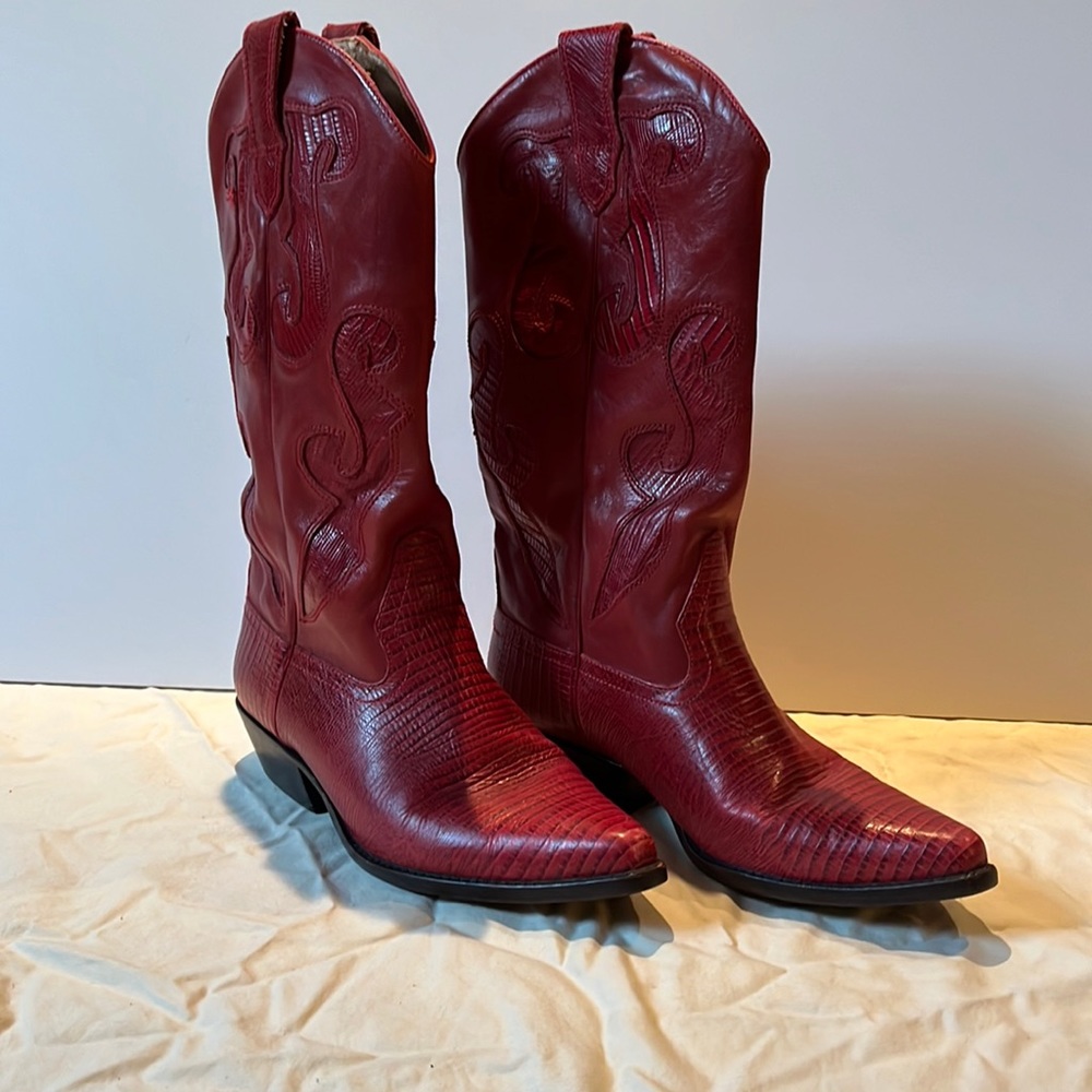 Red leather cowboy boot